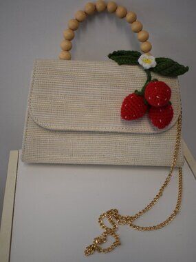 Cream Woven Bag with Crochet Strawberries Wooden Handle-Firm Body-Gold Chain